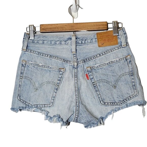 Levis 501 Womens 25 Festival Boho Grunge Distressed High Rise Denim Cutoff Short - Picture 2 of 8